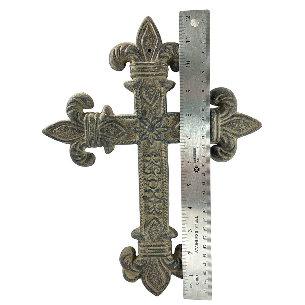 Cast Iron Fleur De Lis Wall Cross Rustic Religious Decor Brown Distressed 12” - Picture 4 of 7